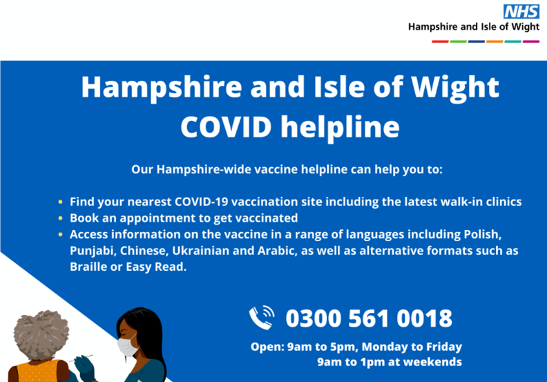 hampshire and isle of wight covid helpline image with phone number 0300 561 0018